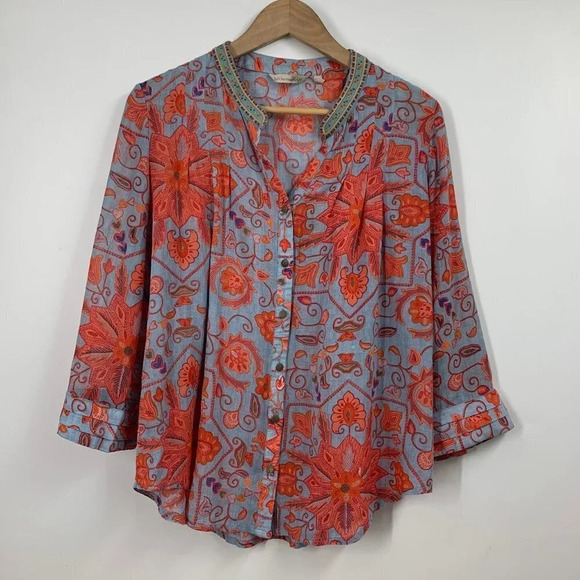 Soft Surroundings Women's Button Up Floral Embroidered Collar Top Size S - Picture 1 of 12